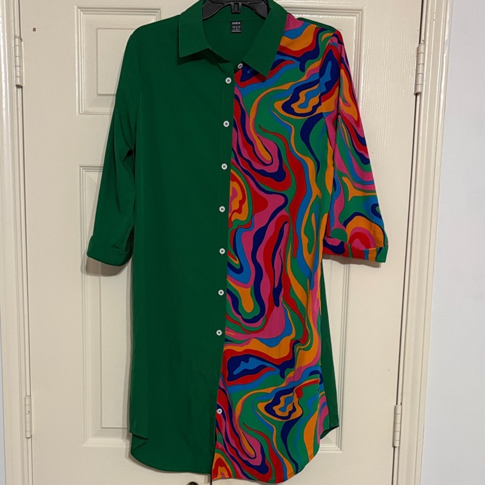SHEIN Vibrant Green and Multicolor Long Sleeve Dress